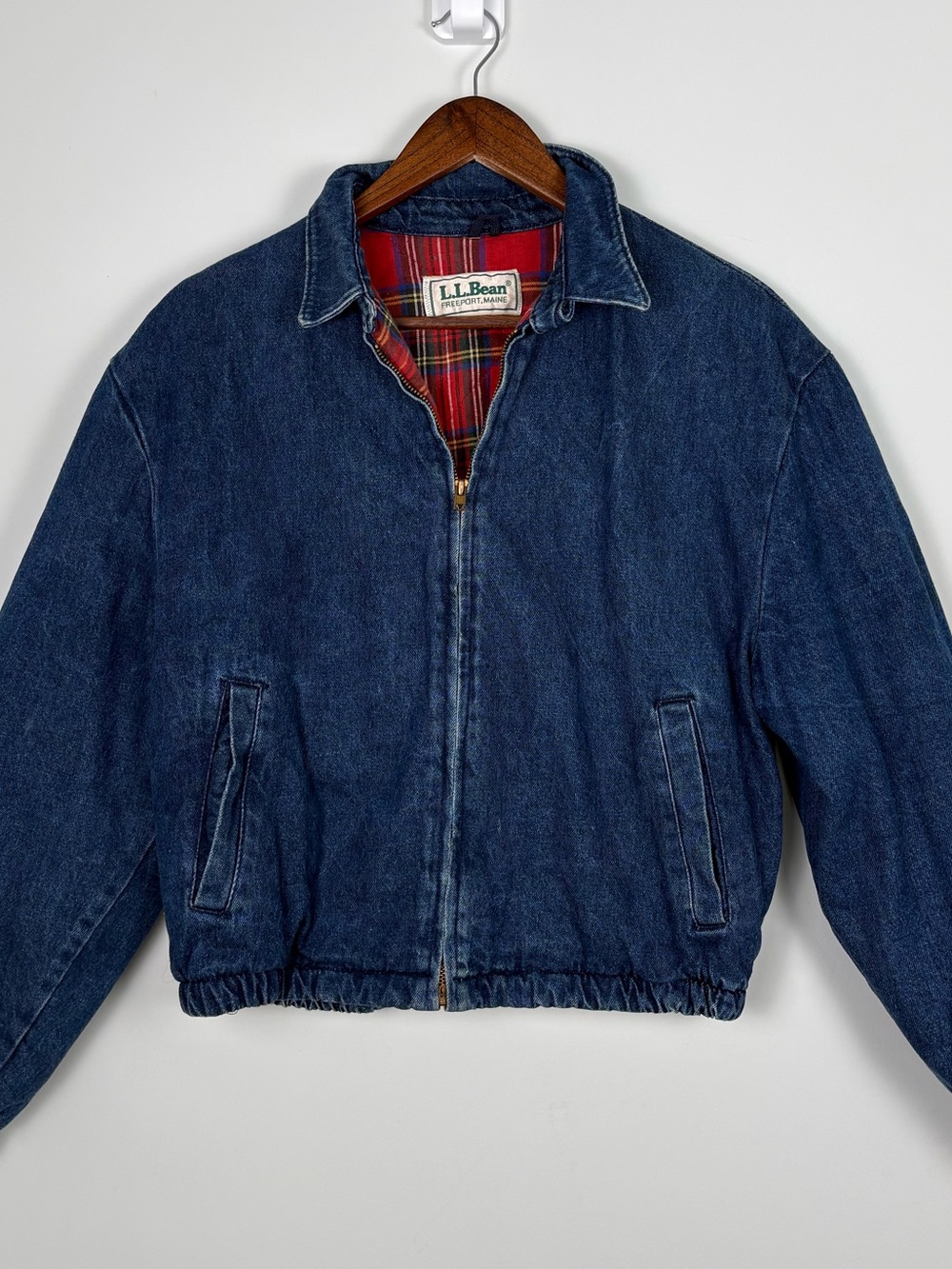 Vintage L.L. Bean Jean Denim Bomber Jacket Cotton Red Flannel Lining Size Small - Picture 1 of 16